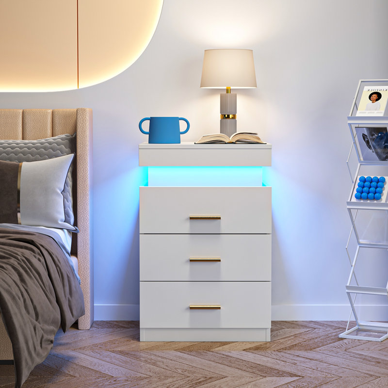 LED Nightstand with Motion Sensor Light, Modern Bedside Table with 3 Color Dimmable Lighting, Glass Top Jewelry Storage & 3 Drawers, High Gloss White Bedroom Furniture
