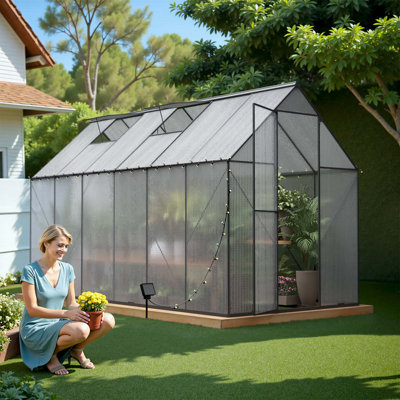 Serre extérieure 6X12 - Remise de rangement robuste avec fenêtre d'aération réglable et porte à charnière verrouillable, serres en polycarbonate pour plantes de jardin, solarium en métal avec protection UV pour le jardin, la cour arrière