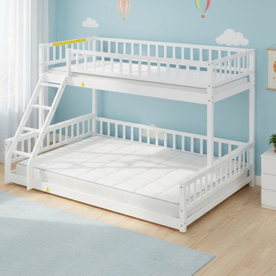 Lit superposé simple au-dessus de grand lit en bois massif avec échelle et garde-corps, 2 lits convertibles pour garçons et filles