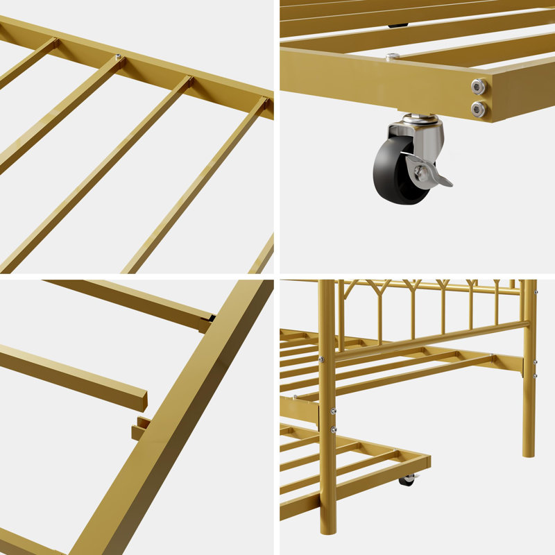 Daybed with Trundle, Metal Twin Trundle Bed with Charging Station & LED Lights, Sofa Beds Frame with Pull Out Bed, Gold, Twin