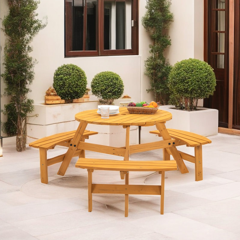 Table de pique-nique en bois pour 6 personnes avec siège Clintock, Naturel