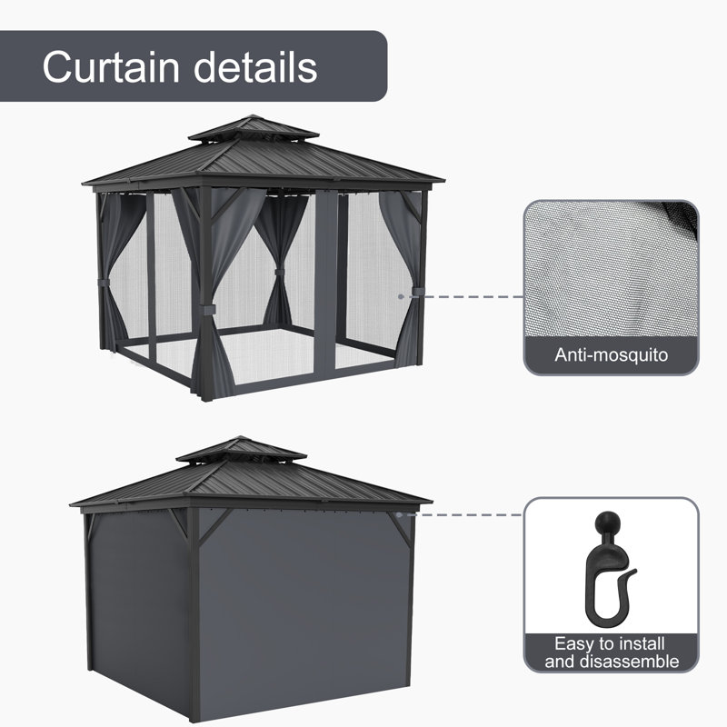 Permanent Hardtop Gazebo, Gazebo Double Roof Canopy With Netting And Curtains, Luxury Outdoor Gazebo, 96" H x 144" W x 144" D