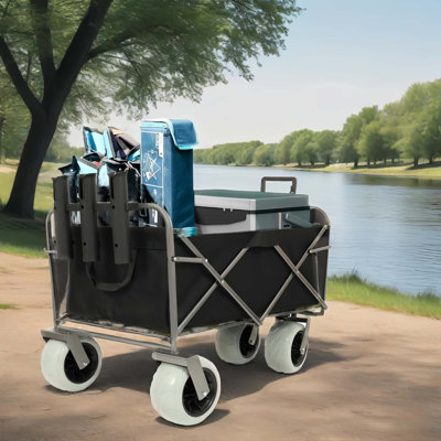 Beach Wagon with Big Wheels for Sand 500lbs capacity - All Terrain Steel Frame Utility Cart with 9" Pneumatic Tires, Collapsible Folding Design ,strap with multiuse bag ,black