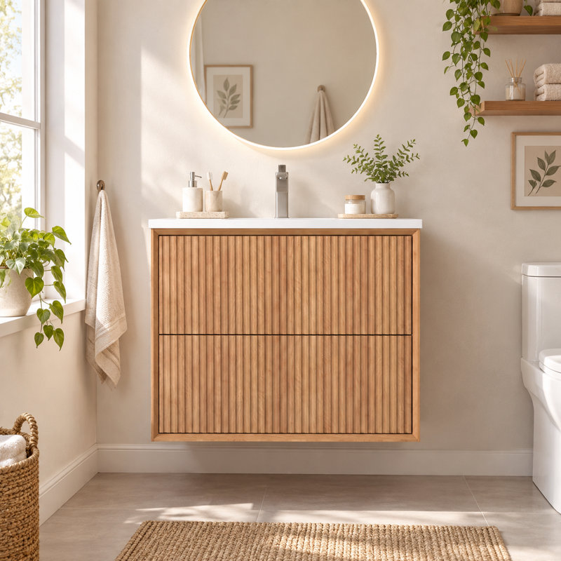  Meuble-lavabo flottant moderne 24 po avec comptoir intégré en bois naturel