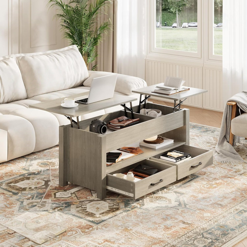 Table basse avec plateau relevable, table basse convertible avec plateau relevable en bois, 2 tiroirs et compartiment caché, table centrale avec rangement pour le bureau à domicile