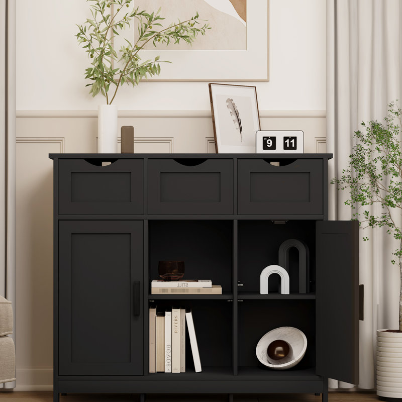 Multifunctional Black Storage Cabinet, With Drawers And Adjustable Shelves, Made Of Particle Board, For Home Decor, 31.33 In. Depth, 11.53 Height Cabinet In Board Construction