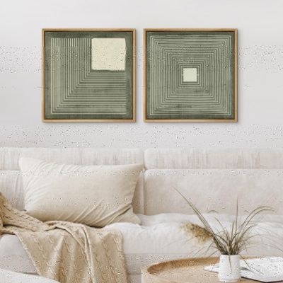 Lignes géométriques et illustrations carrées en vert organique moderne, art minimaliste, détente / calme - ensemble de 2 reproductions sur toile flottante