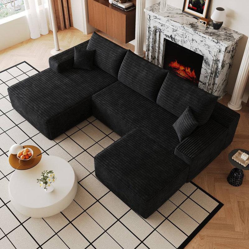Canapé modulaire Cloud avec 1 repose-pieds (noir), Velours côtelé noir