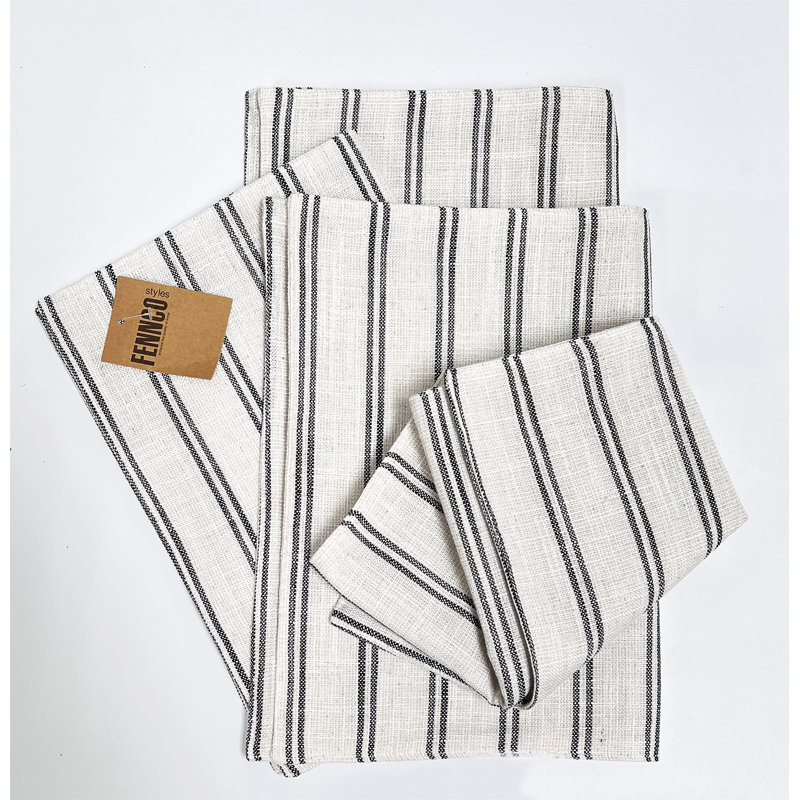 Beige-white Modern Striped Linen Blend Table Runner, 72" x 16" , Black/White