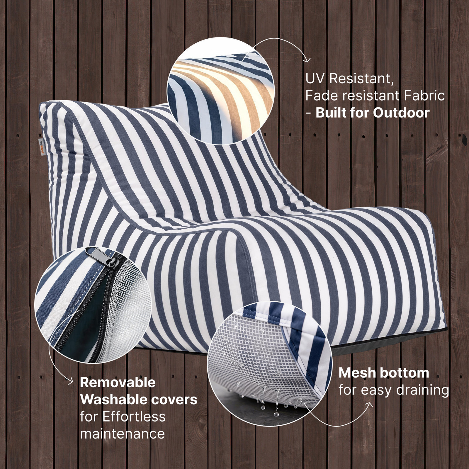 Ponce Outdoor Medium Bean Bag Chair, Navy Striped Acrylic