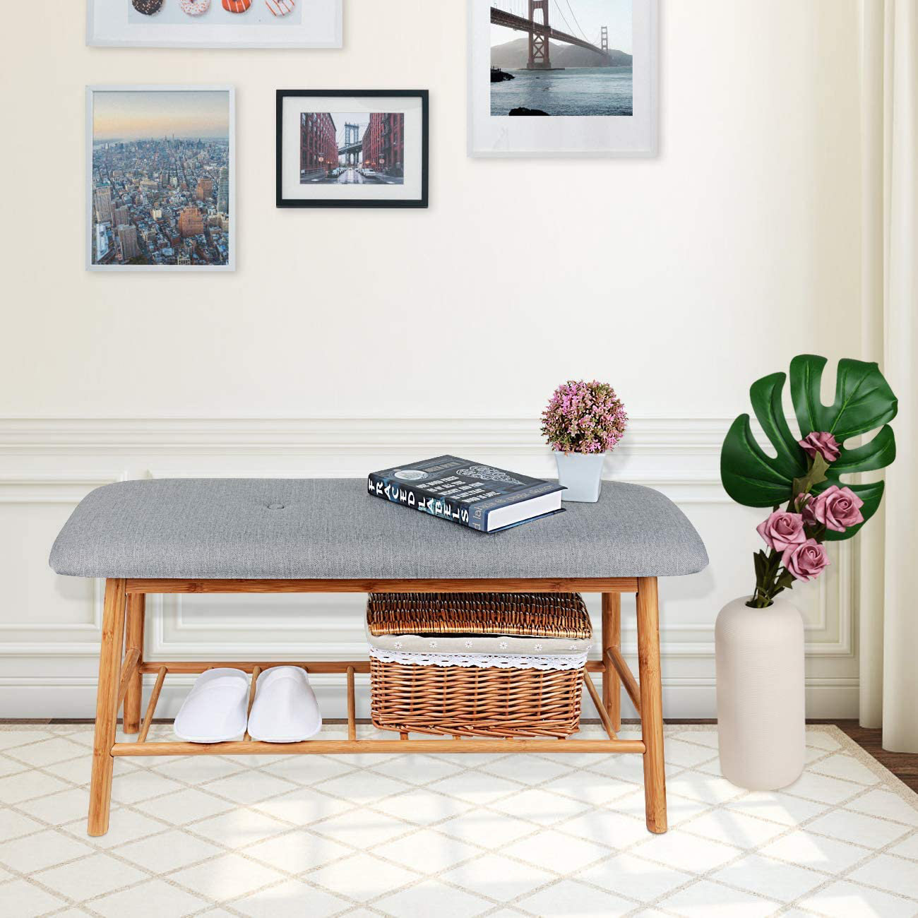 Rebrilliant Shoe Rack Bench Ottoman Upholstered - Grey Padded Cushion ...