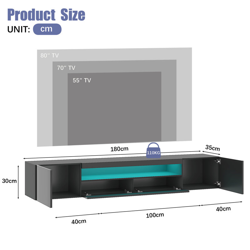High Gloss TV Stand with Led Lights, Wall-mounted TV Cabinet up to 75", Black