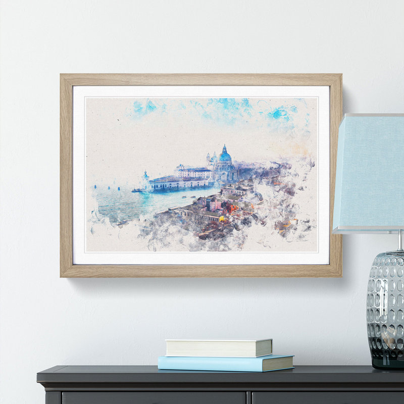 Venice Italy Skyline Watercolour - Framed Print, 33cm H x 45cm W x 2cm D, Oak