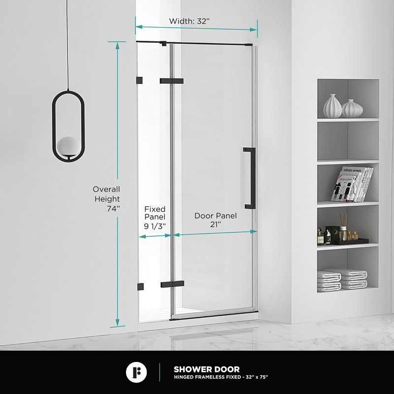 Porte de douche à charnière sans cadre l 32 po x H 74,25 po, Noir