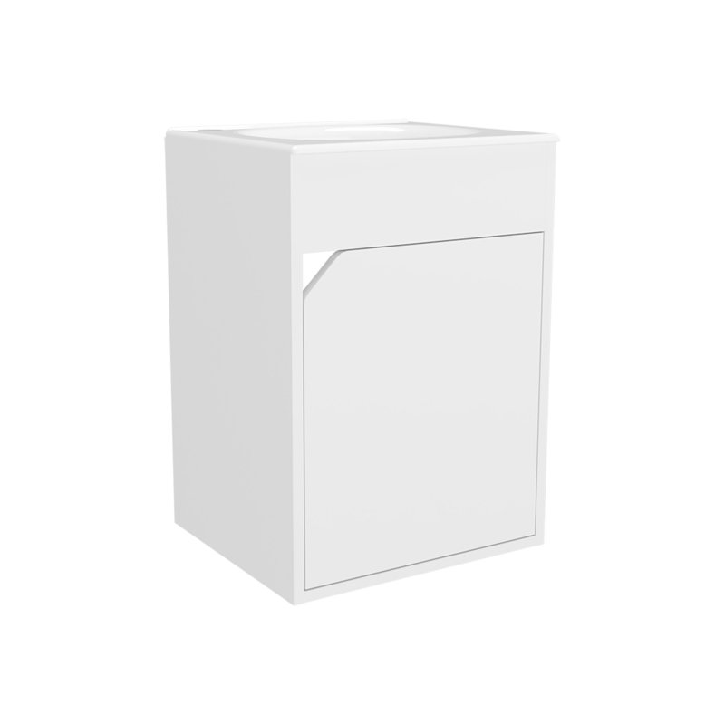 Meuble-lavabo flottant blanc à une porte, mécanisme de charnière européen à fermeture en douceur, profil rectangulaire moderne et composition de panneau de particules, fonction 21,6h x 15,6w 12,6d, design épuré, 11h 26w 19d