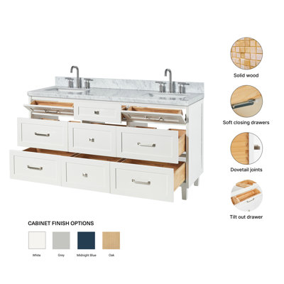 Meuble-lavabo double ARIEL Monroe 67 po en bois massif blanc avec comptoir en marbre de Carrare italien de 1,5 po, lavabo rectangulaire central