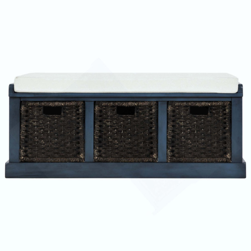 Rustic Entryway Storage Bench with 3 Removable Rattan Baskets, Cushioned Bench with Removable Seat Cushion for Home Organization