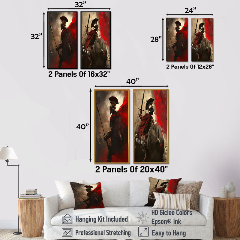 «Red 300 Spartan Warriors In Grèce I», ensemble d'art mural 2 pièces, H 28 po x l 24 po, Toile tendue sur cadre