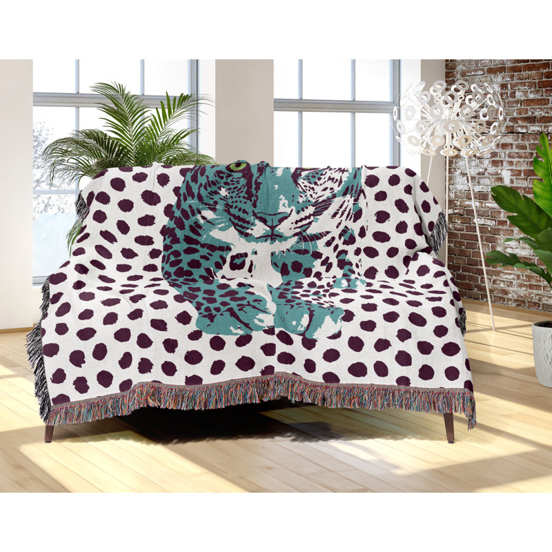 Jeté en mélange de coton Inky Leopard, Bleu sarcelle / mauve / blanc cassé, L 60 po x l 60 po