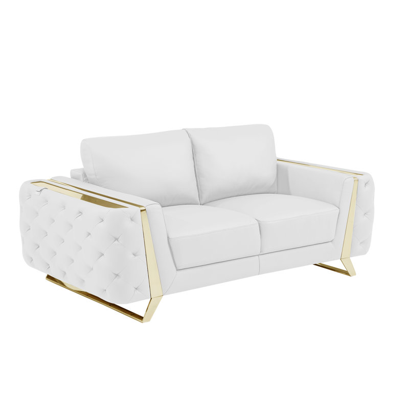 Anissa 72" Genuine Leather Square Arm Loveseat, Gold, White