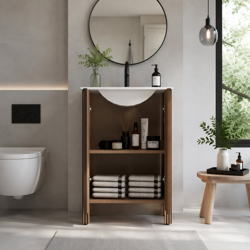 Armoire de salle de bain brune sur pied, avec lavabo en céramique blanche, installation en 1 minute, pliable et facile à transporter