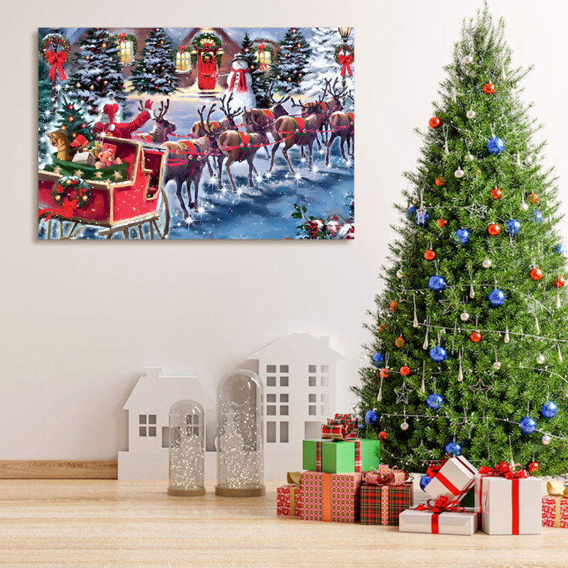Toile encadrée, décoration de Noël, père Noël en traîneau avec renne, peinture décorative pour cadeau de Noël, bureau, salle à manger, salon, salle de bain, chambre à coucher, prêt à être suspendu