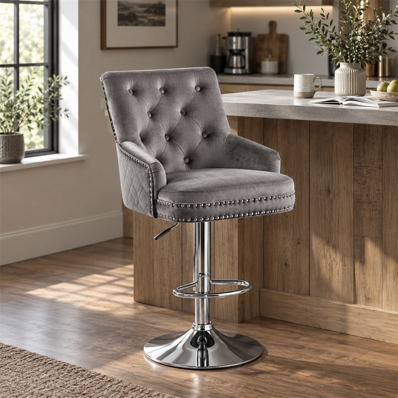 Danyelle Velvet Swivel Adjustable Height Bar Stool with Arms and Back, Gray
