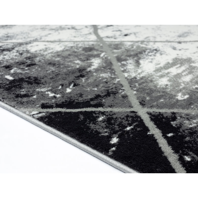Tapis crème / noir / gris à motif abstrait Hellie, Rond 6 pi 11 po