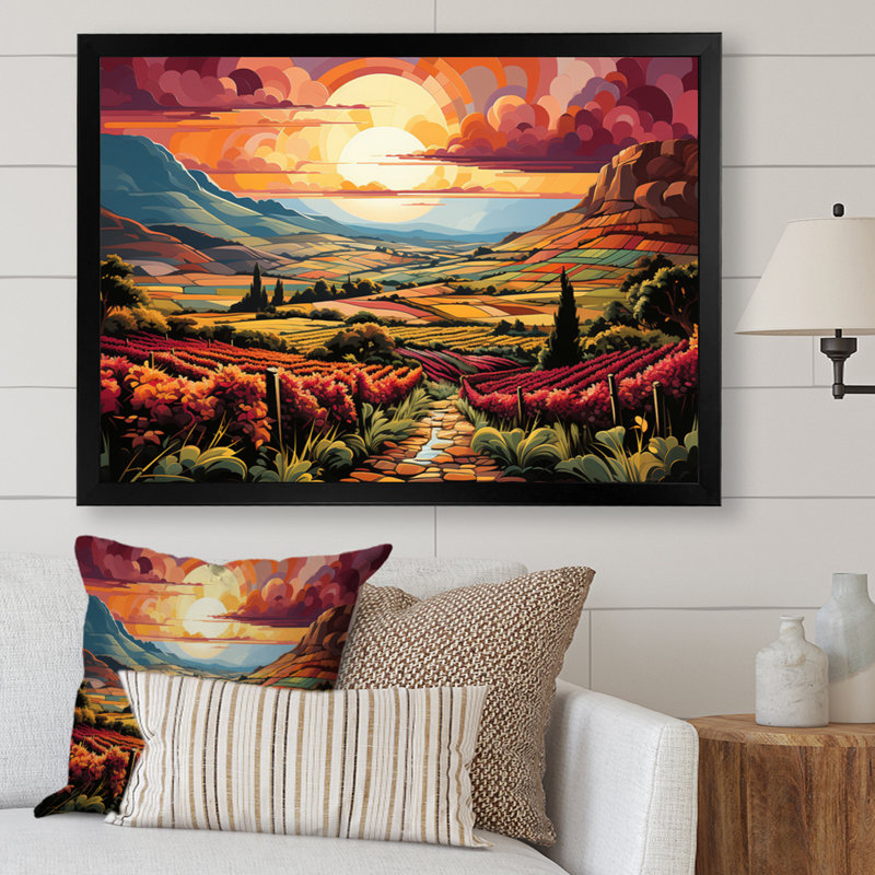 «Vineyard Sunset Rows Of Ruby Landscape II», reproduction sur toile, Cadre photo noir simple, H 12 po x l 20 po x P 1 po