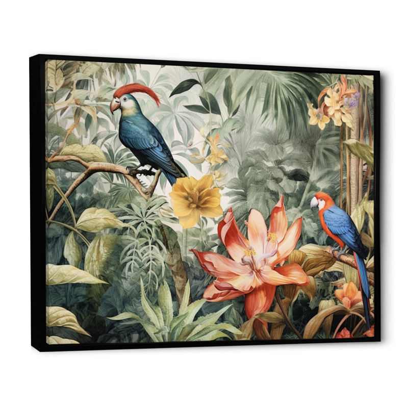 Perroquet au paradis II - Art encadré, H 12 po x l 20 po x P 1 po, Cadre flottant noir