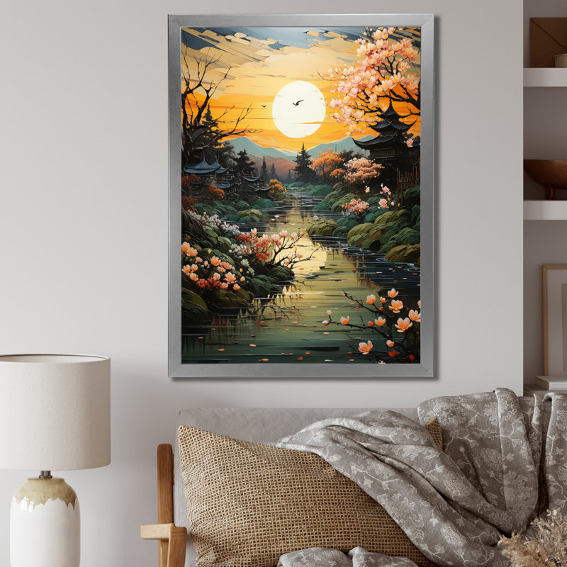 Vathylakas " Asian Art Jade Palace Landscape II ", Silver Picture Framed, 32" H x 16" W x 1" D
