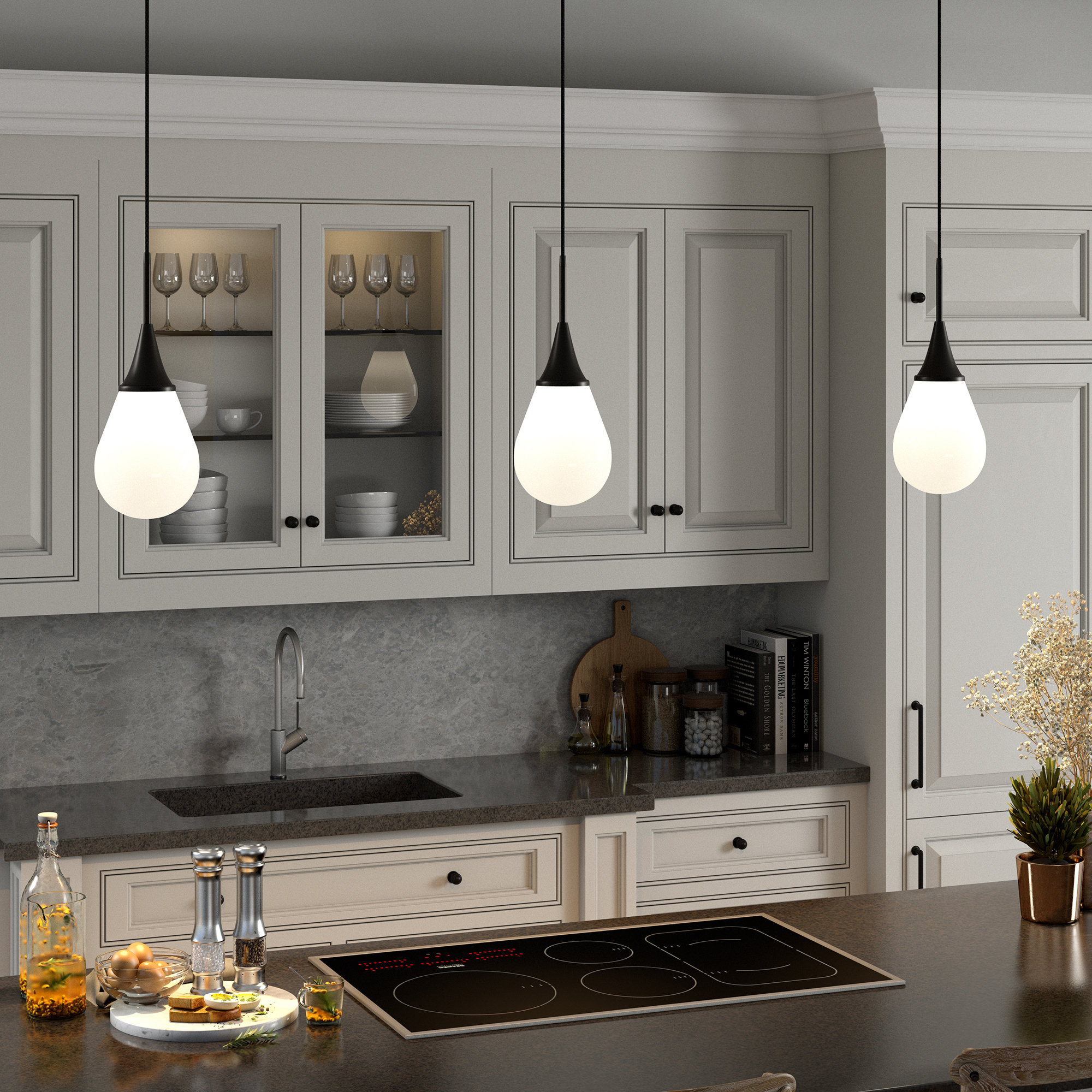 Hoye Single Light Glass Dimmable Pendant, Blackened Bronze, White, 13.88"H x 8.63"W x 8.63"D