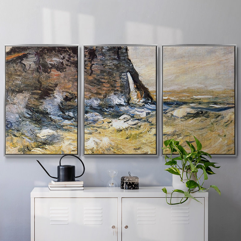 Port d'Aval, 1926, reproduction sur toile 3 pièces, Encadrement argenté, H 24 po x l 48 po