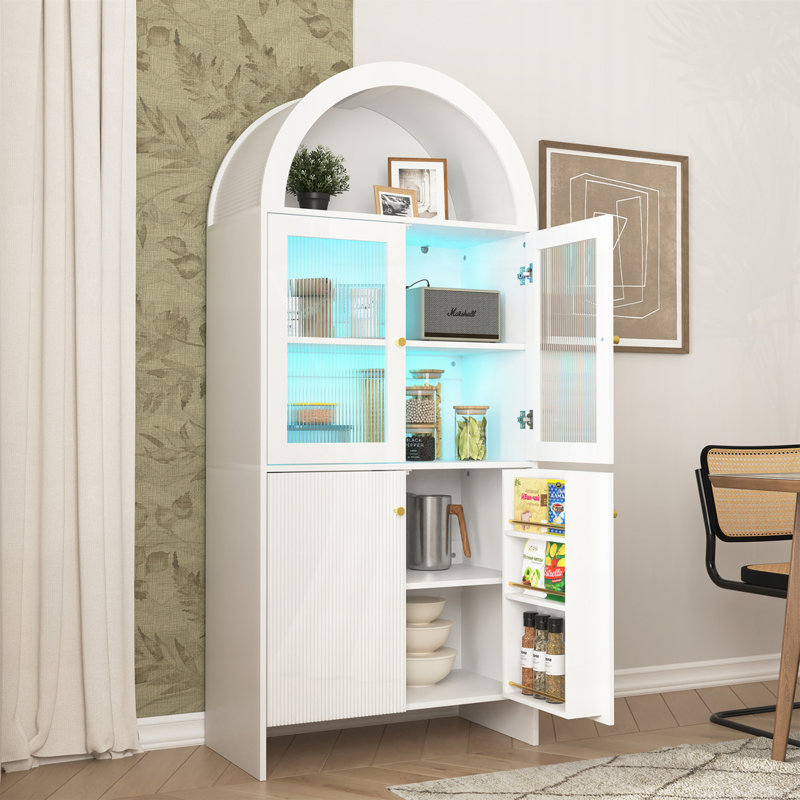 Armoire de rangement arquée avec éclairage DEL, Blanc / Doré