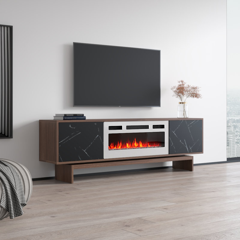 Calab 70.9" Modern TV Stand with Electric Fireplace, Matte Finish, Media Storage, Walnut/Black/White