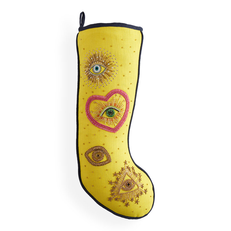 Yellow Linen Embroidered Holiday Stocking with Beadwork
