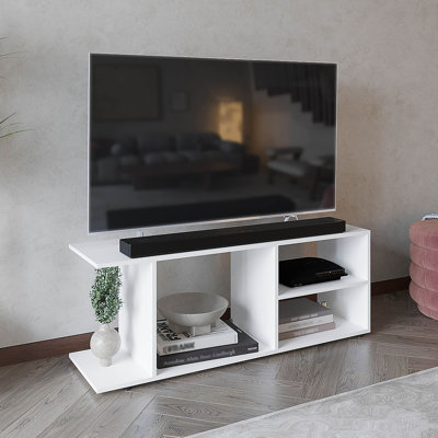 Meuble télé minimaliste pour téléviseur de 65 po avec 5 tablettes ouvertes