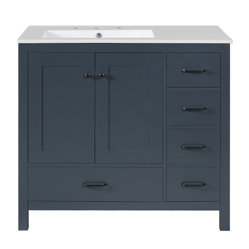 Ensemble de meuble-lavabo avec lavabo, armoire de rangement abondante - 2 portes à fermeture douce et 5 tiroirs
