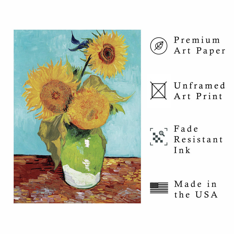 Floral avec vase de Van Gogh avec trois tournesols, 1888, reproduction d'art classique sans cadre