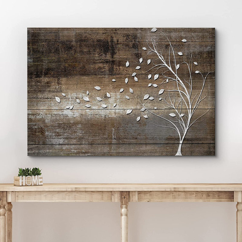 «Leaves Blown Away By Wind From Tree Wood Effect Rustic Large», reproduction d'art sur toile encadrée, H 16 po x l 24 po