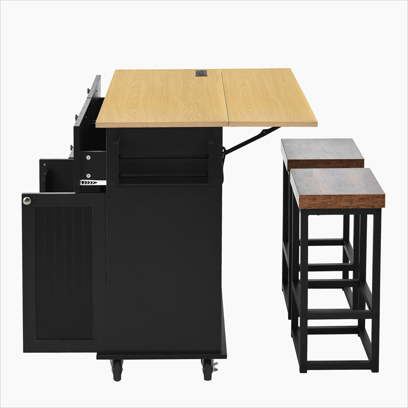 Farmhouse Kitchen Island on Wheels with Drop Leaf, 2 Stools, Storage Cabinet & Drawers, Spice Rack, Towel Rack & Power Outlet