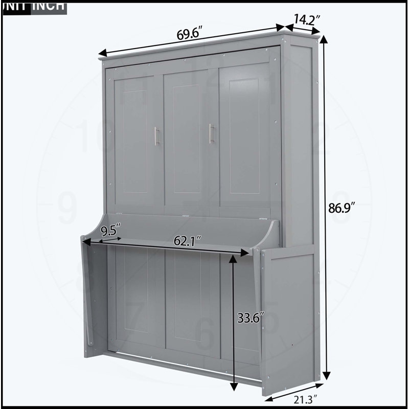 Grand lit escamotable avec tablette, gris