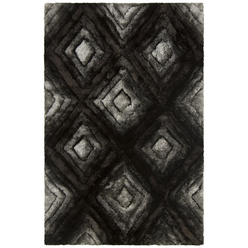 Helene Authentic Hand-Woven Handmade Black, Gray & Silver Modern Geometric Shag Polyester Area Rug, Rectangle 7'9" x 10'6"