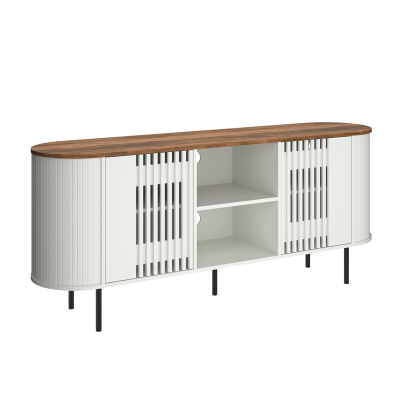 Meuble télé 65 po pour téléviseur de 75 po ou moins, meuble télé Mid-Century avec tablettes réglables, profil courbé, console multimédia pour le salon, blanc et chêne