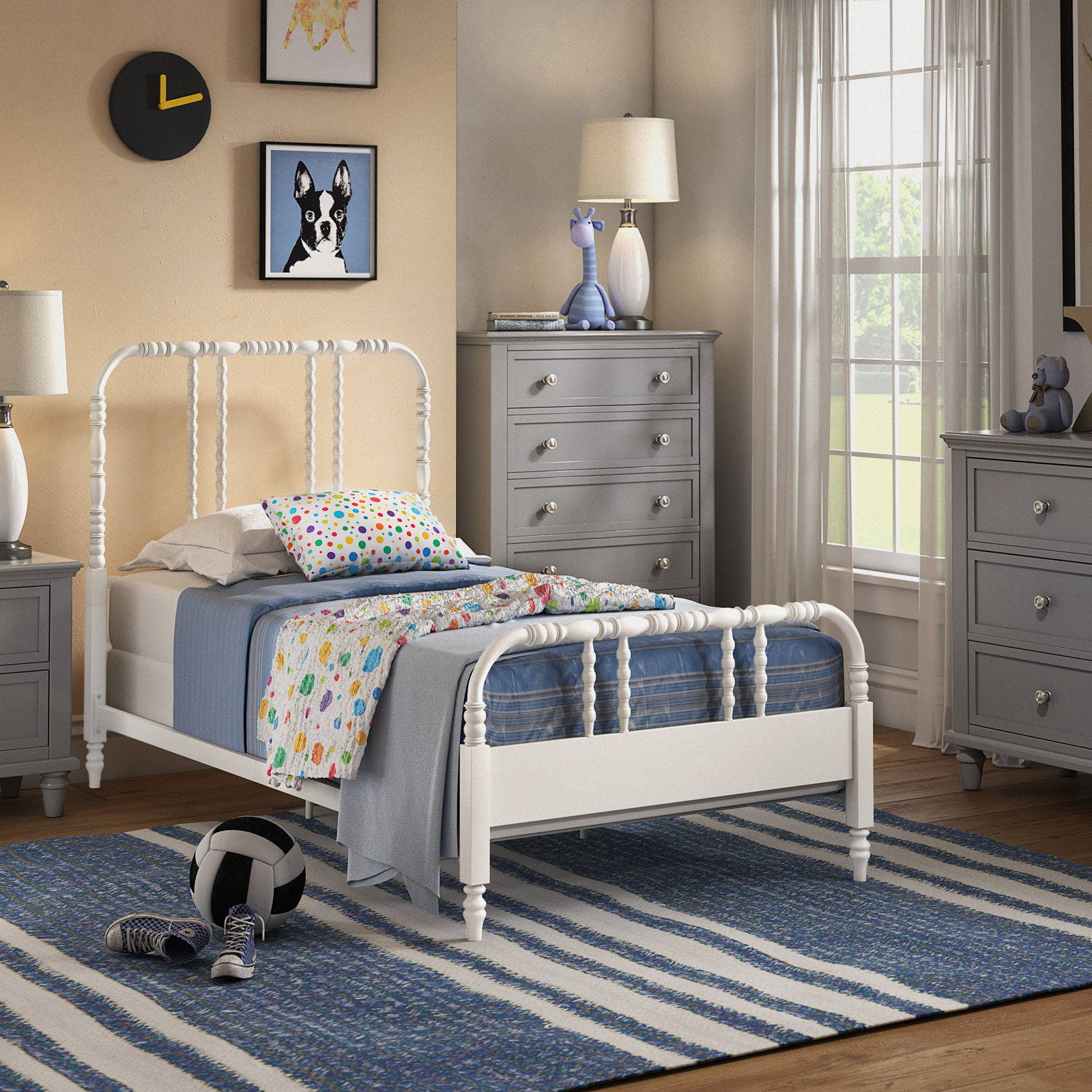 Iron Twin Bed with Spindle Headboard, White