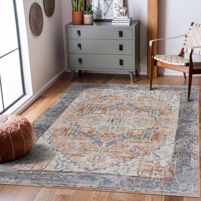 Medallion Design Performance Gray/Brown/Blue Machine Washable Area Rug
