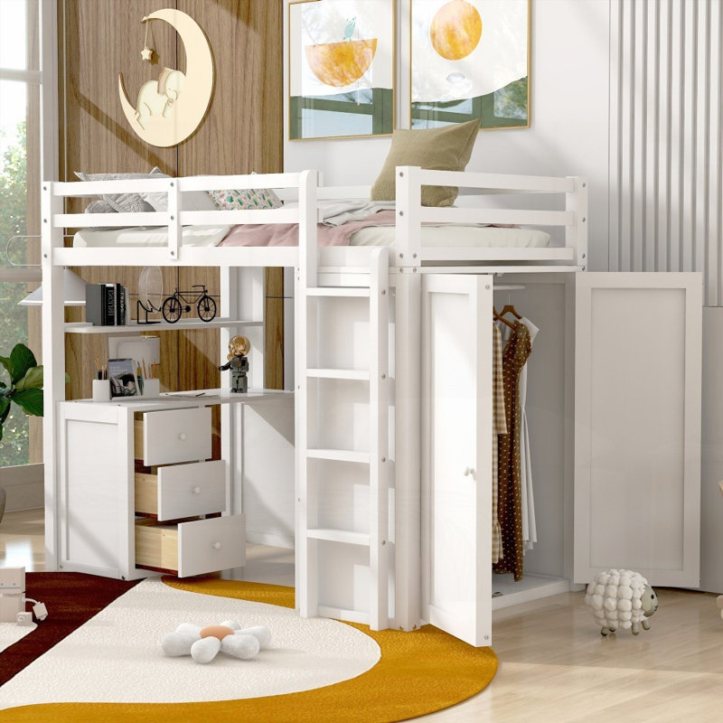 Lit mezzanine simple avec rangement - aucun sommier nécessaire, robuste et amp; Spacieux, Blanc