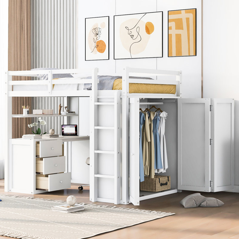 Lit mezzanine blanc avec tiroirs, bureau et garde-robe blanc fonctionnel Maximisez la fonctionnalité de l'espace. Cadre en bois massif. Aucun sommier tapissier requis. Capacité de poids de 600 lb.
