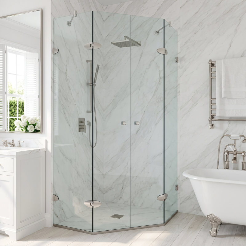 Cabine de douche à charnière sans cadre avec verre transparent 3/8 de l 46 po x P 46 po x H 73 po Gemini, Nickel brossé