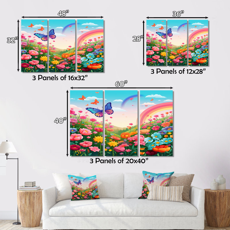 Elisabetta " Purple Butterfles Idyllic Rainbow Flowerfield I " 3 - Pieces, 28" H x 36" W x 1" D